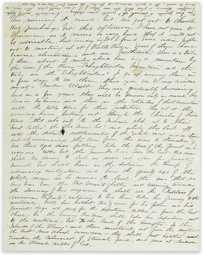 (AMERCAN INDIANS.) [Lockwood,] Frank. Letter from a clergyman describing his missionary efforts among the Schaghticokes.